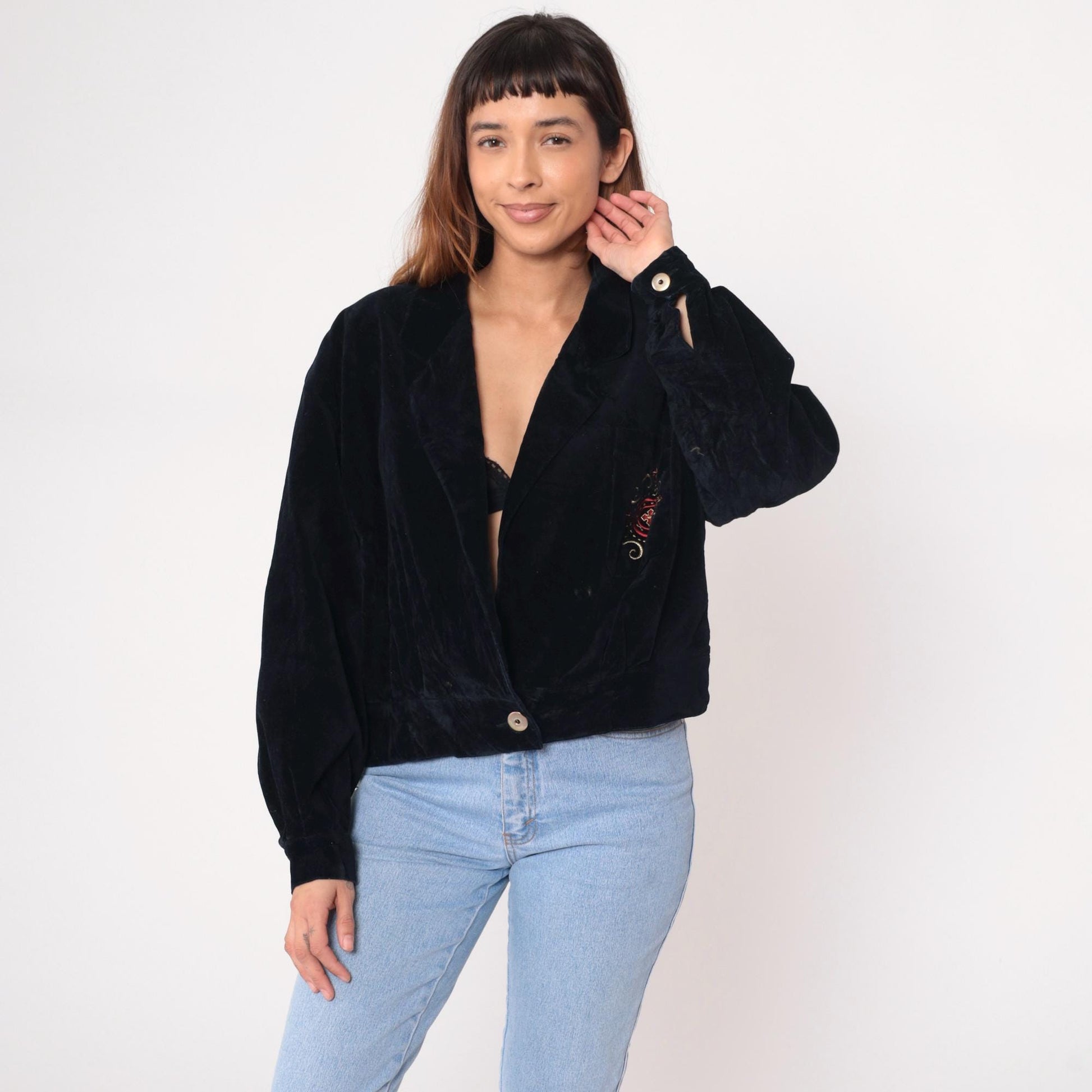 90s Evan Picone Black Velvet Cardigan Embroidered Gold Red Pink Medium M