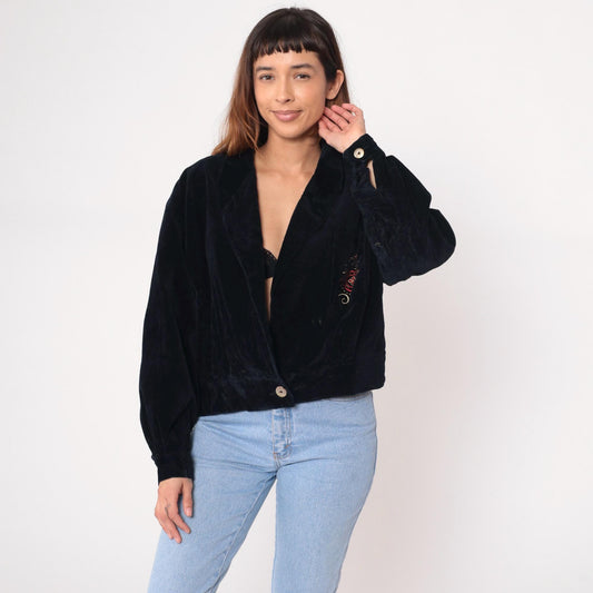 90s Evan Picone Black Velvet Cardigan Embroidered Gold Red Pink Medium M