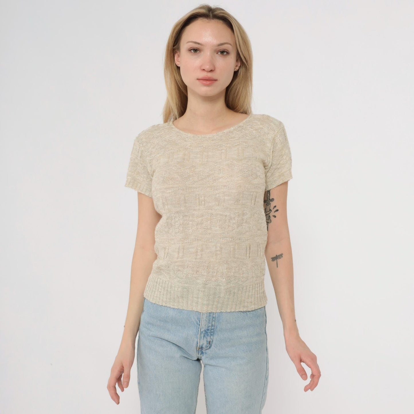 80s Cream Knit Sweater Textured Short Sleeve Crew Neck Fitted Pullover Small S