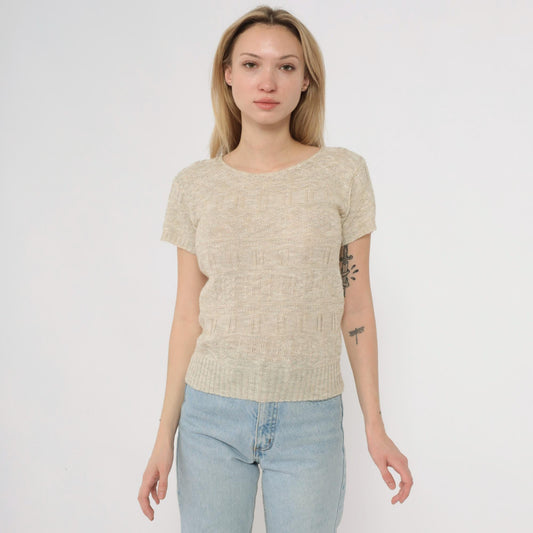 80s Cream Knit Sweater Textured Short Sleeve Crew Neck Fitted Pullover Small S