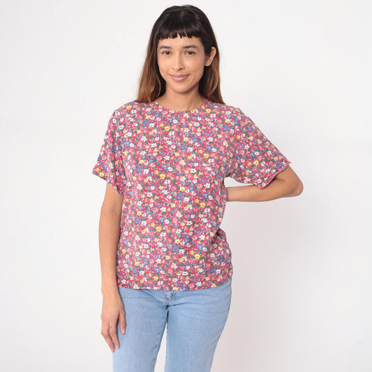 90s Liz Sport Petites Floral Blouse Pink Yellow Blue Rayon Short Sleeve Small S