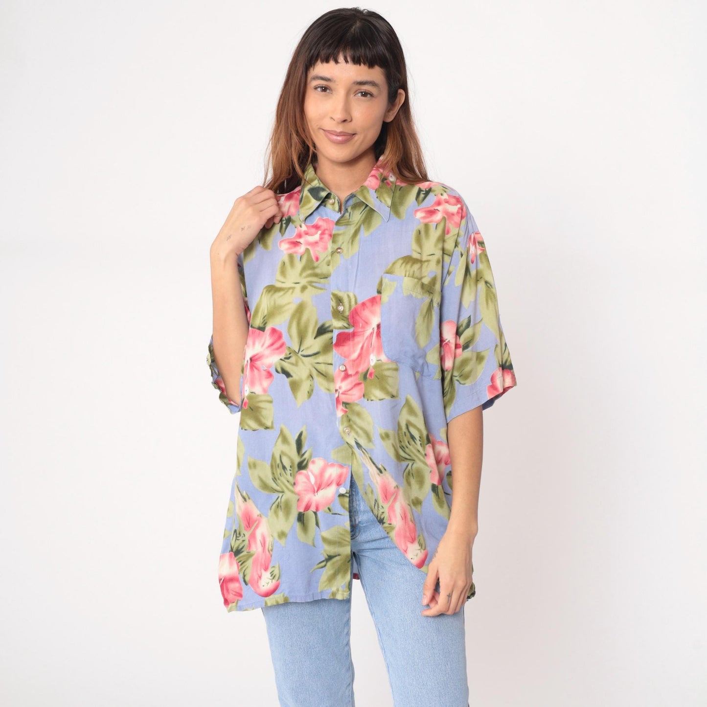 Y2K Floral Hawaiian Shirt Light Blue Pink Tropical Button-Up Large L