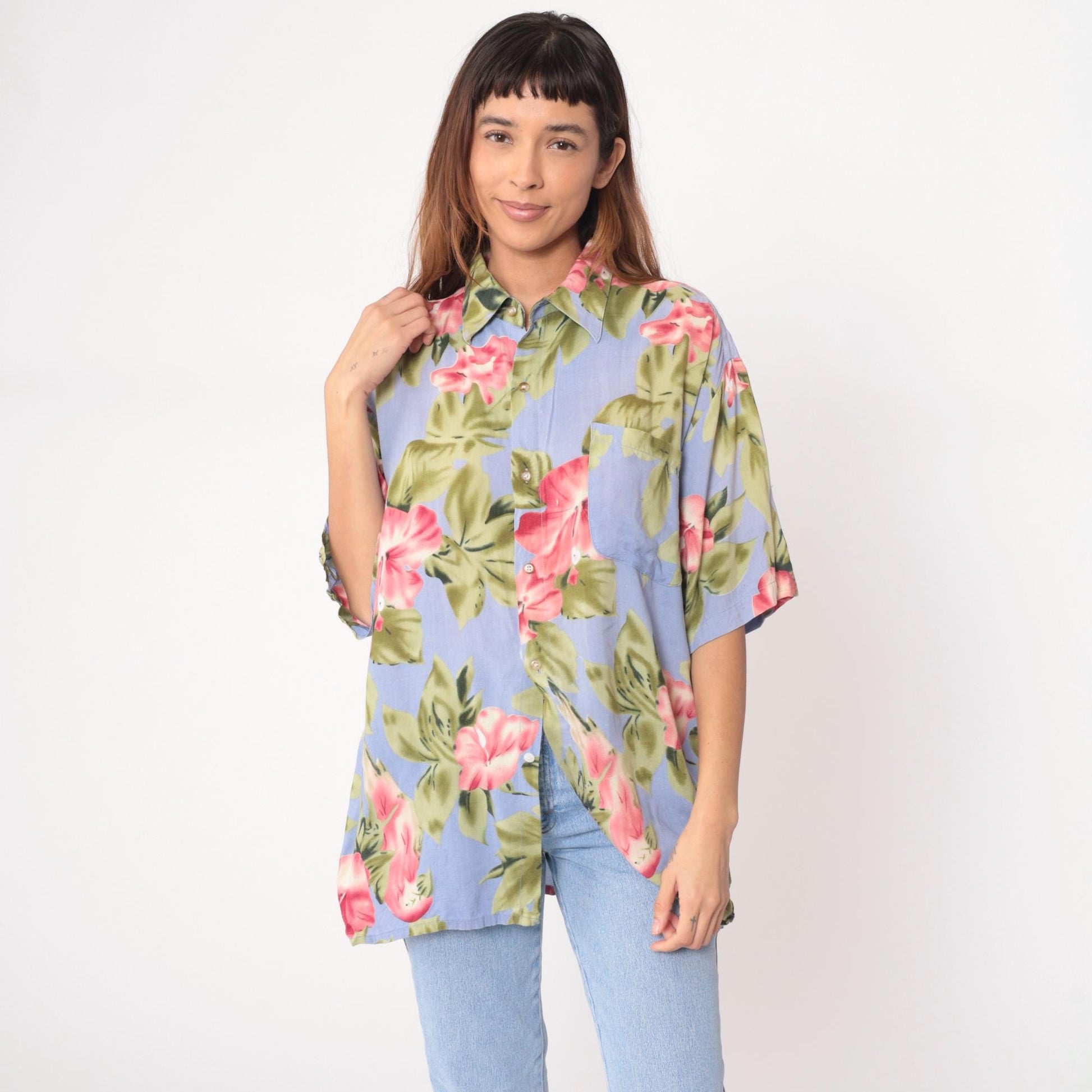 Y2K Floral Hawaiian Shirt Light Blue Pink Tropical Button-Up Large L