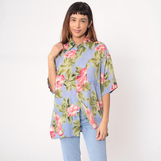 Y2K Floral Hawaiian Shirt Light Blue Pink Tropical Button-Up Large L