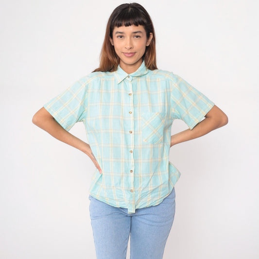 90s Pastel Plaid Cotton Button-Up Shirt Pale Blue Soft Yellow Medium M
