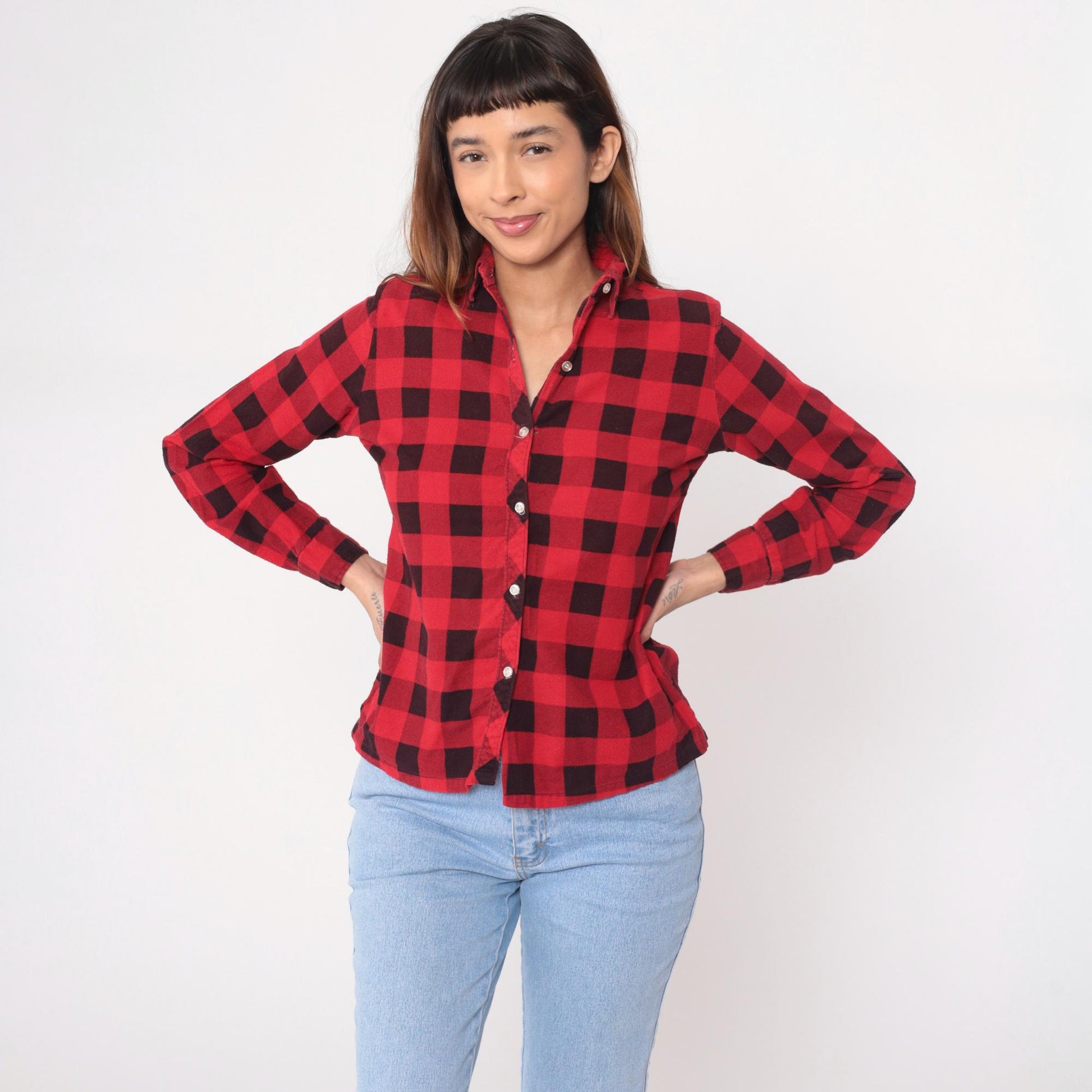 90s Red Buffalo Plaid Flannel Shirt Cotton Button-Up XS