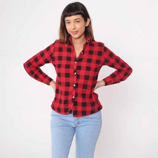 90s Red Buffalo Plaid Flannel Shirt Cotton Button-Up XS