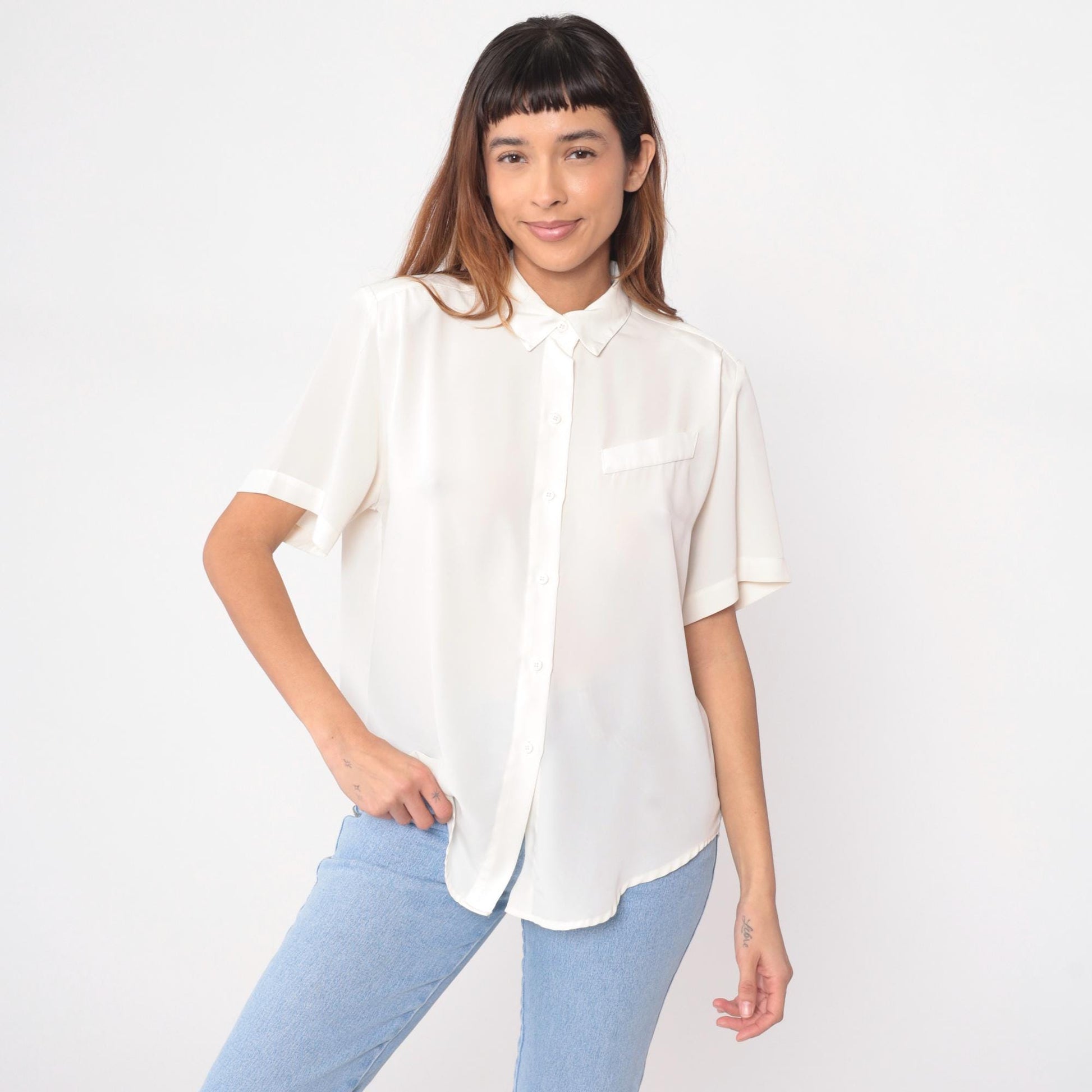 90s Heritage Road White Shirt Short Sleeve Pointed Collar Chest Pocket Medium