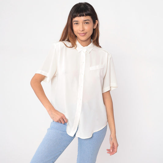 90s Heritage Road White Shirt Short Sleeve Pointed Collar Chest Pocket Medium