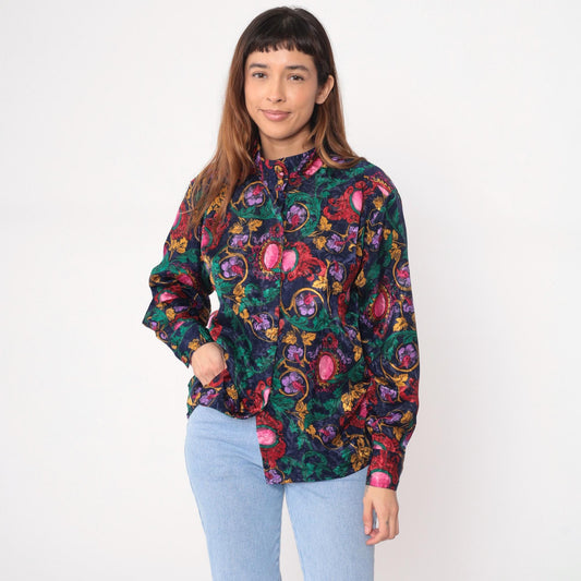 90s Tess Baroque Print Blouse Navy Gold Medallion Long Sleeve Large L