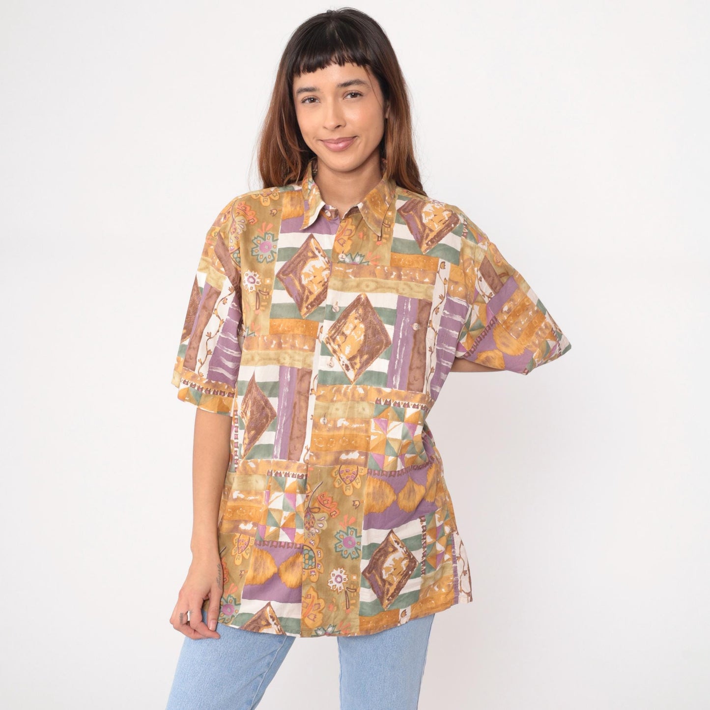 90s Burma Bibas Patchwork Cotton Shirt Geometric Floral Multicolor Medium