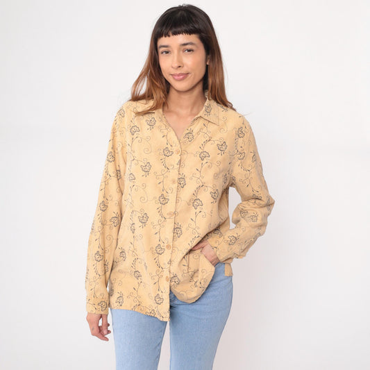 90s Sag Harbor Floral Embroidered Blouse Cream Long Sleeve Collared Large L