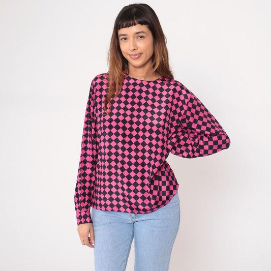 90s Checkerboard Blouse Pink Black Diamond Pattern Keyhole Back Large