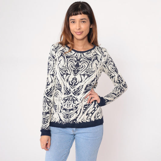 90s Navy Cream Damask Knit Sweater Crew Neck Pullover Medium