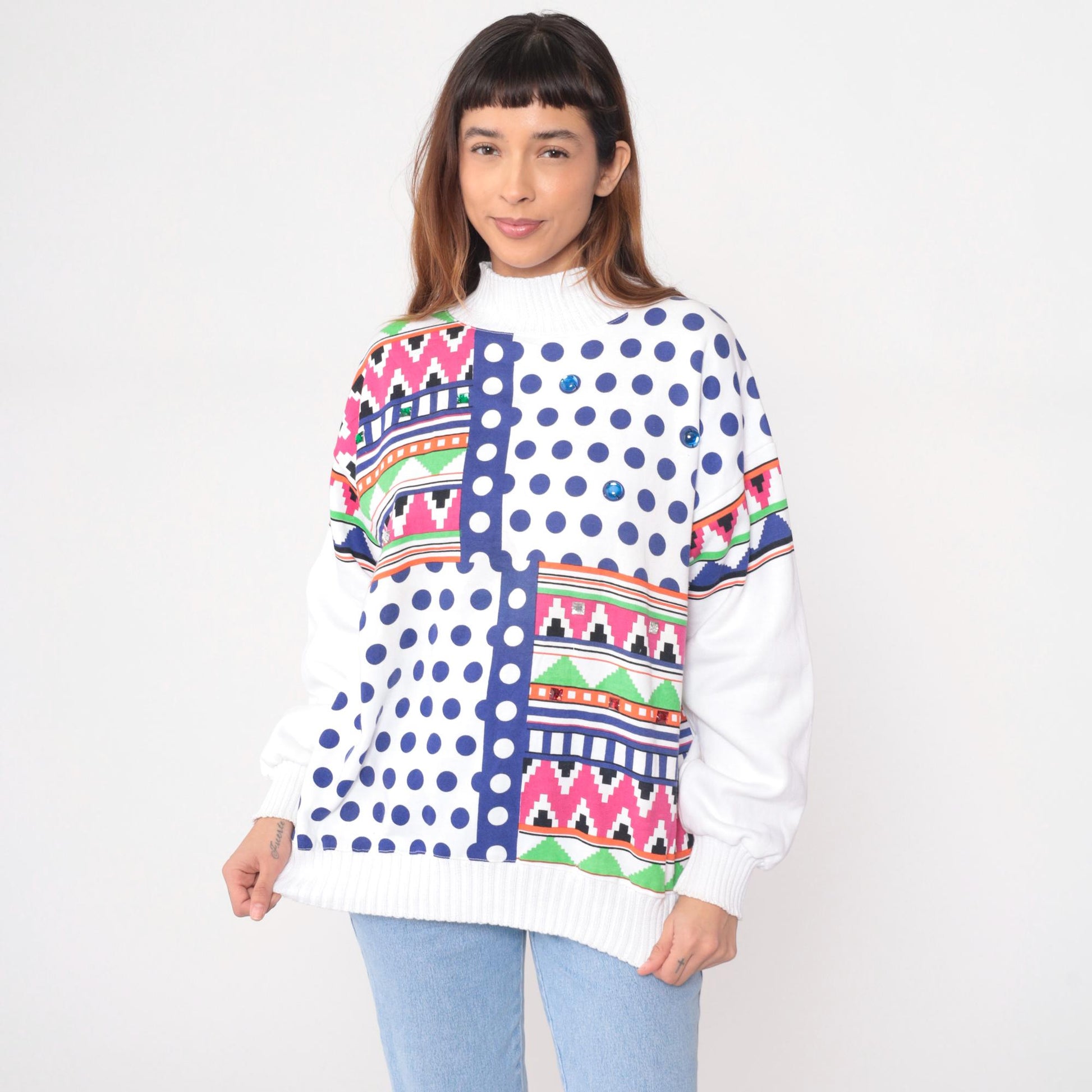 90s Architect Geometric Sweatshirt White Multicolor Tribal Print Medium M