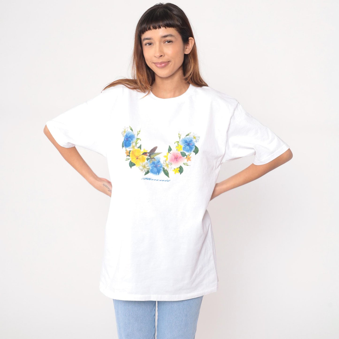 Y2K Wrangler Hawaiian Floral Graphic Tee White Cotton Hummingbird Large L