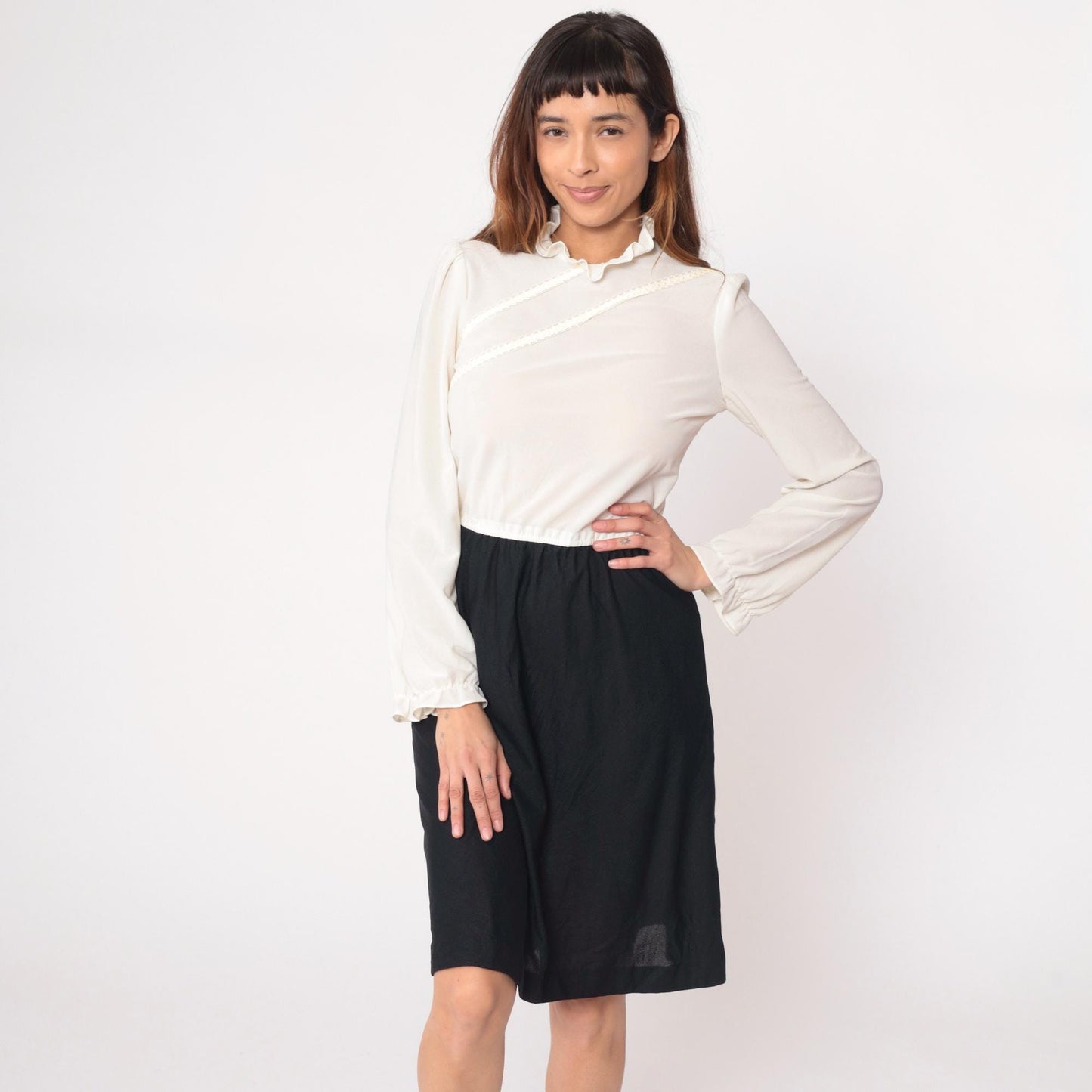 70s Jerell of Texas Black White Color-Block Dress Long Sleeve Ruffled Collar Large L