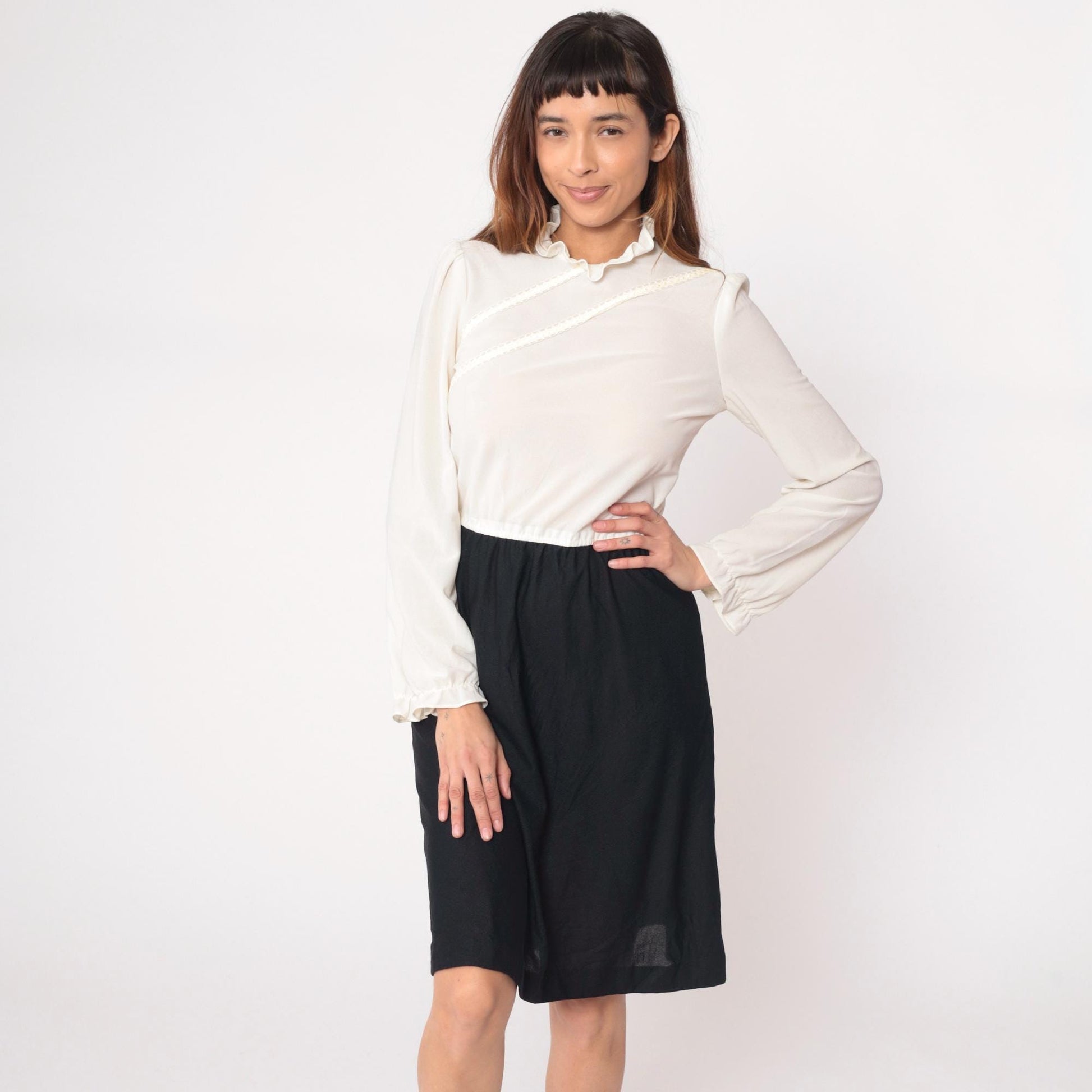 70s Jerell of Texas Black White Color-Block Dress Long Sleeve Ruffled Collar Large L