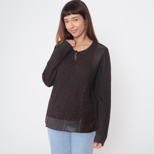 Y2K Brown Merino Wool V-Neck Sweater Lace-Up Embroidered Tie Front Large L