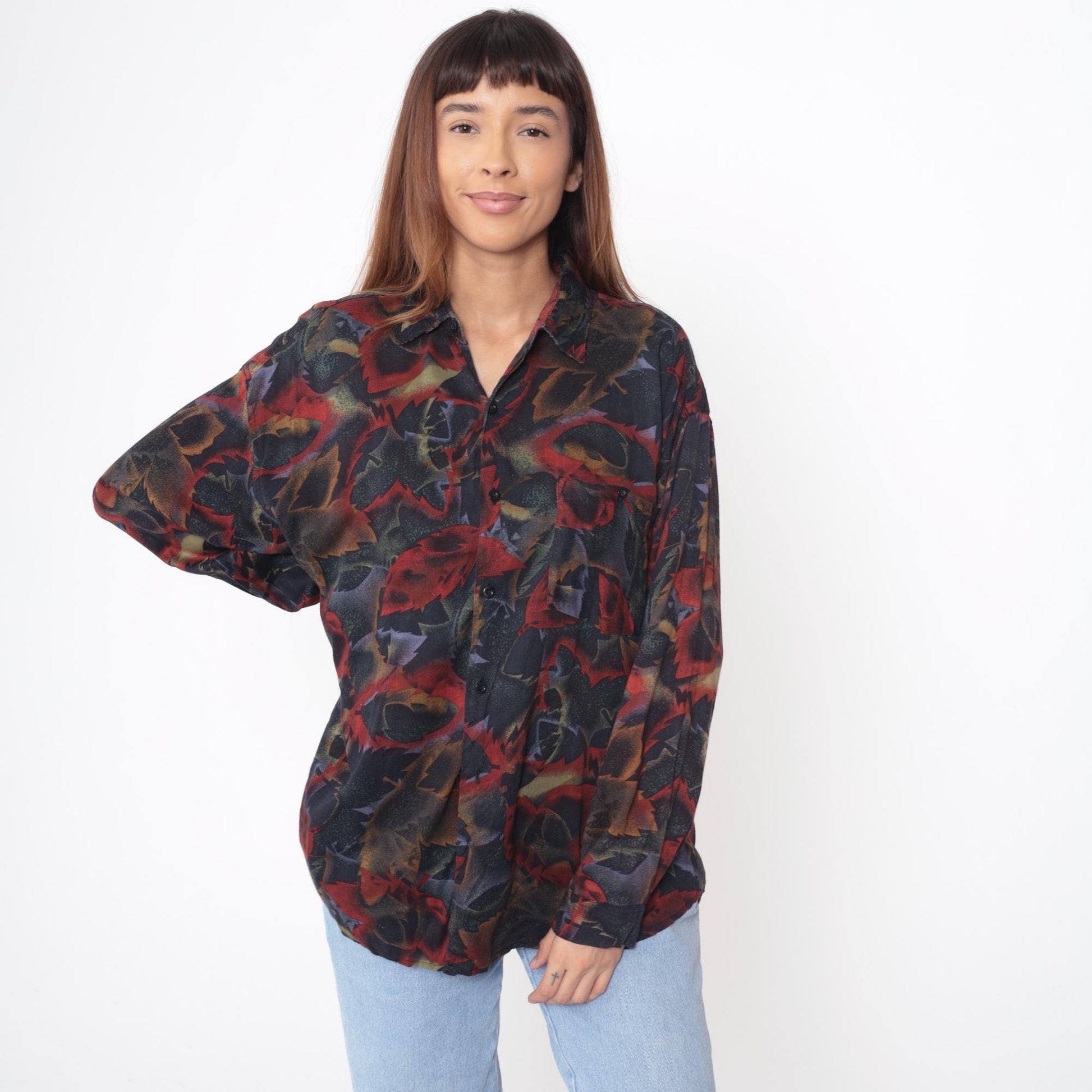 90s Jazzman Sportswear Leaf Print Button-Up Blouse Long Sleeve Multicolor Extra Large XXL