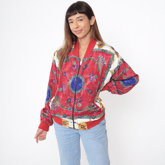 90s Red Bomber Jacket Medallion Paisley Print Windbreaker Large L