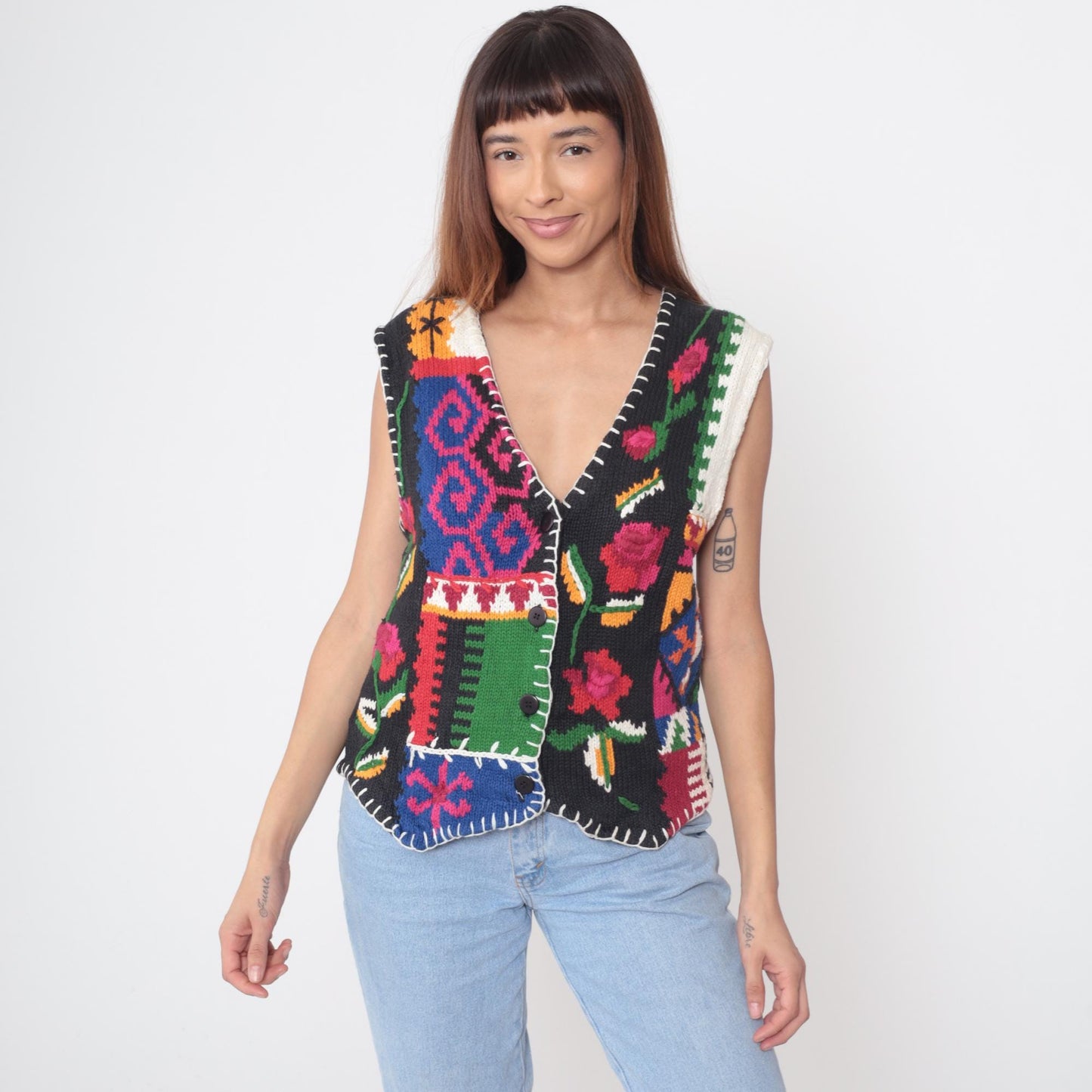 90s Pendleton Patchwork Vest Multicolor Geometric Floral Deep V-Neck Small