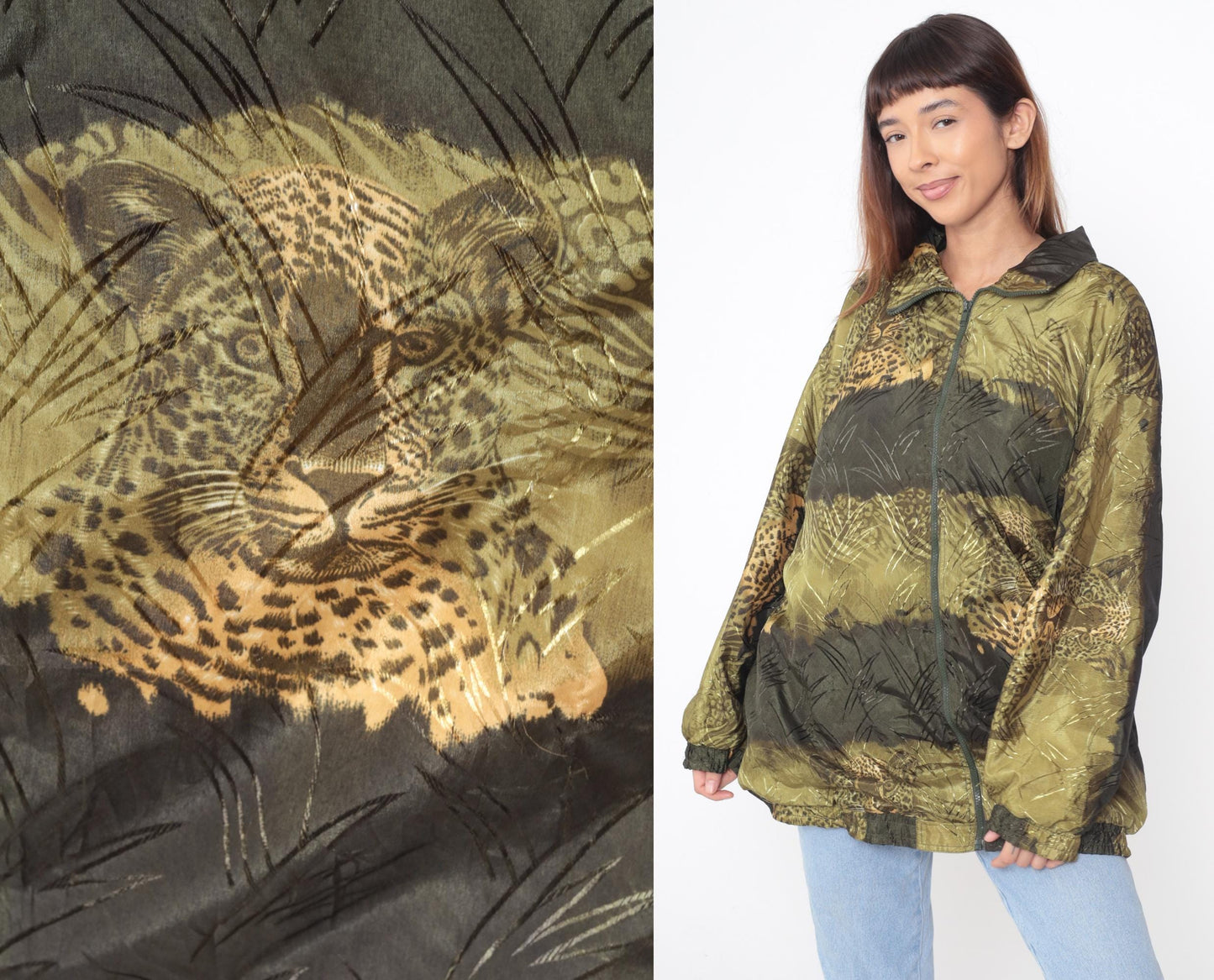 90s Leopard Print Windbreaker Jacket Jungle Safari Green Brown Tan Extra Large XL
