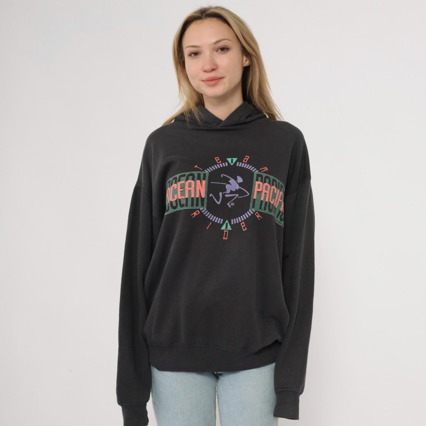90s Ocean Pacific Black Hoodie Multicolor Graphic Surfer Pullover Large L