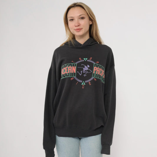 90s Ocean Pacific Black Hoodie Multicolor Graphic Surfer Pullover Large L
