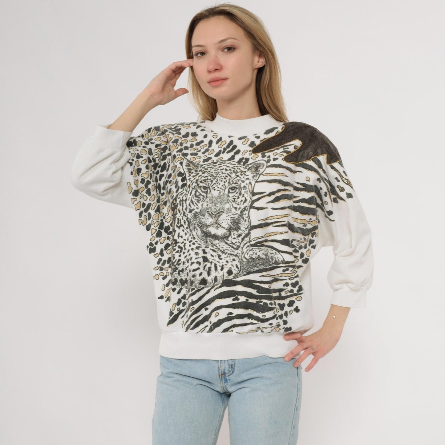 90s Leopard Animal Print Sweatshirt Gold Glitter Crewneck Cotton Large L