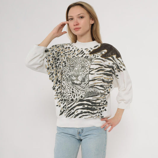 90s Leopard Animal Print Sweatshirt Gold Glitter Crewneck Cotton Large L