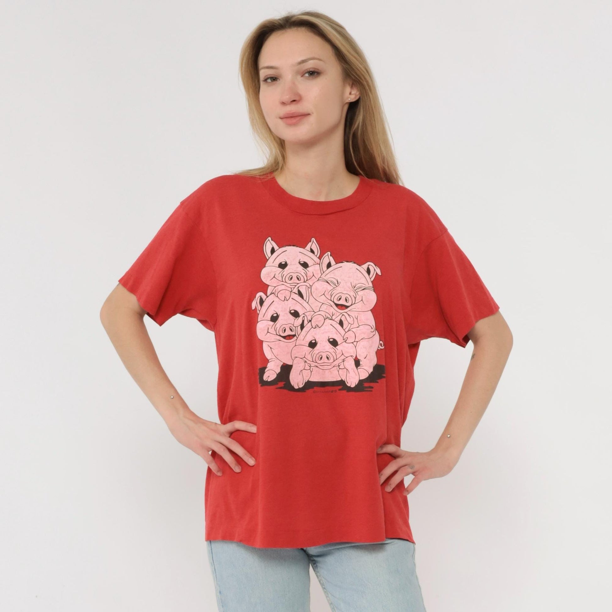 90s Screen Stars Piggies Graphic Tee Red Cartoon Pigs Cotton Large L