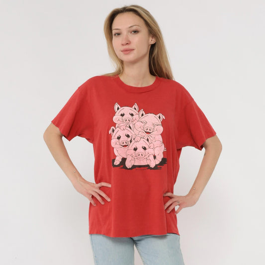 90s Screen Stars Piggies Graphic Tee Red Cartoon Pigs Cotton Large L