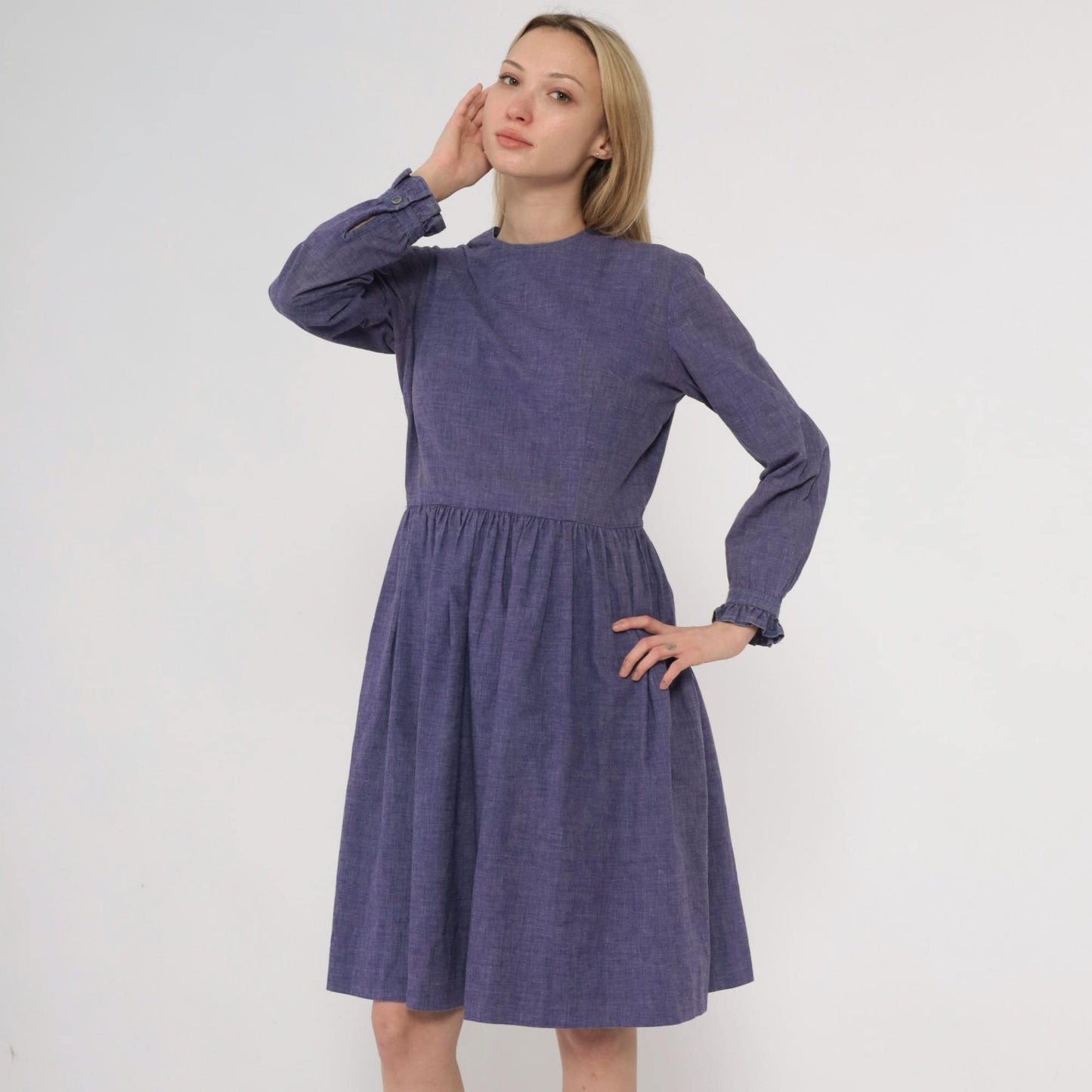 60s Purple Midi Dress Long Sleeve Gathered Waist A-Line Crew Neck Medium M