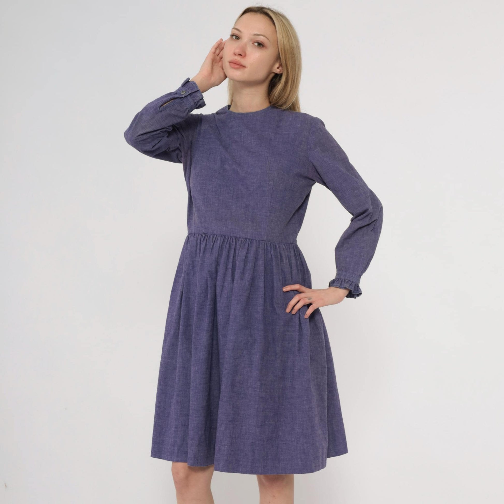 60s Purple Midi Dress Long Sleeve Gathered Waist A-Line Crew Neck Medium M