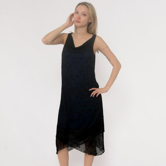 Y2K Black Slip Dress Sparkle Floral Cutout Back Strappy Large L