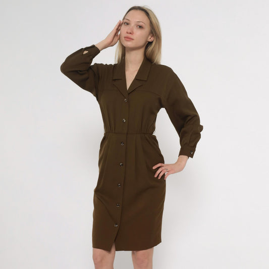 80s Bill Geoffreys Wool Shirt Dress Olive Brown Knee Length XS