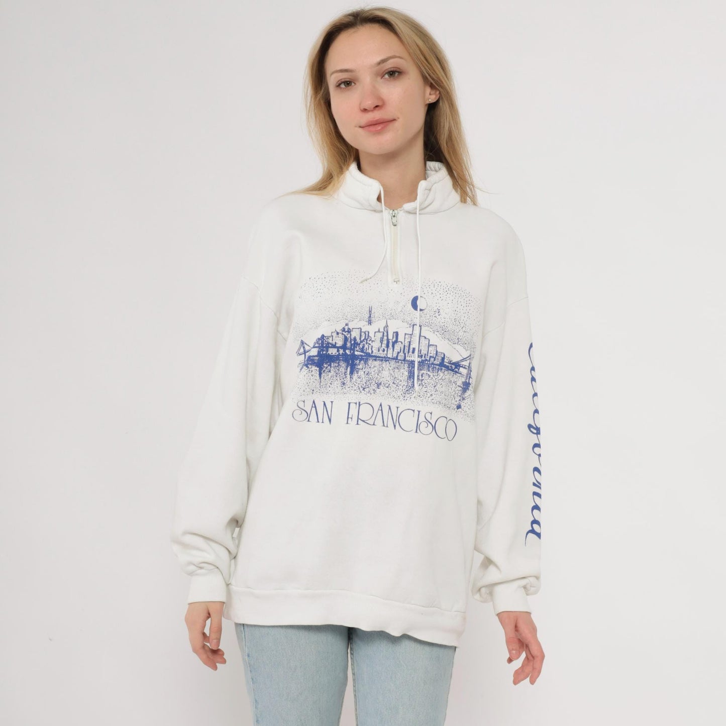 90s San Francisco Skyline Quarter-Zip Sweatshirt Cream Cotton Moon Bridge Medium