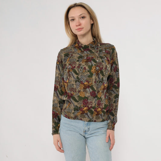 80s Michii Moon Silk Blouse Botanical Grape Print Burgundy Olive Medium