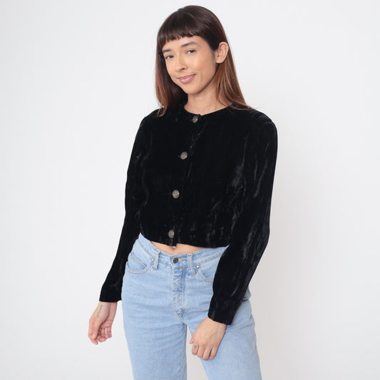 90s Black Velvet Cropped Jacket Button Front Round Neck Small S