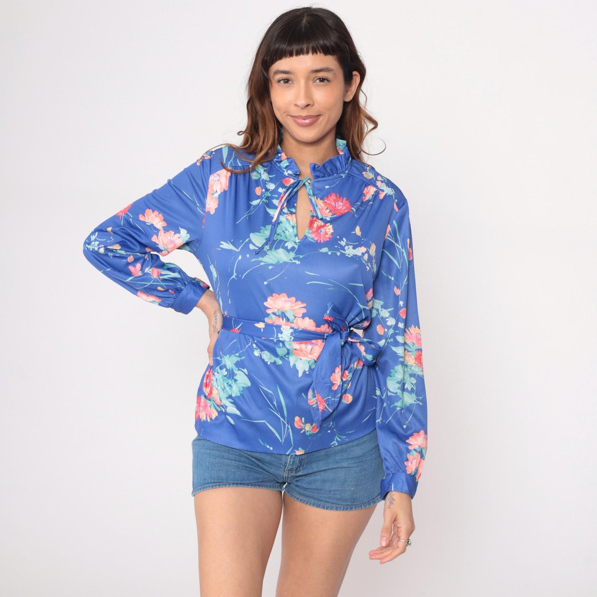 70s Blue Floral Blouse Ruffle Neck Tie Closure Long Sleeve Belted Medium