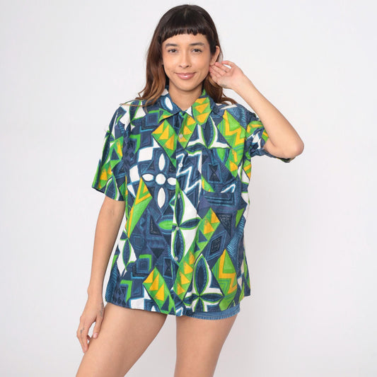 70s Hawaiian Shirt Geometric Abstract Print Button Front Cotton Blue Green Large