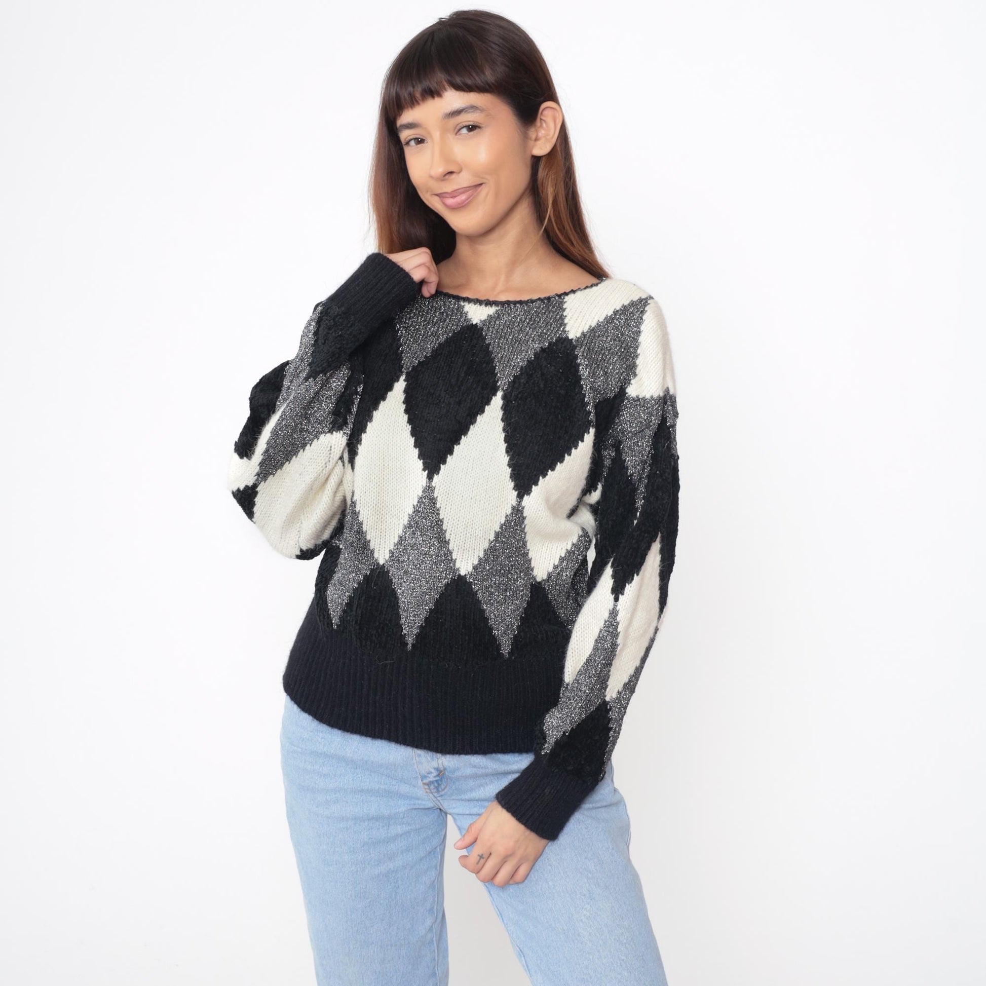80s Liz Claiborne Diamond Harlequin Sweater Black White Metallic Medium
