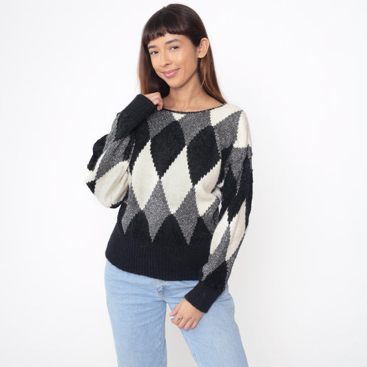 80s Liz Claiborne Diamond Harlequin Sweater Black White Metallic Medium