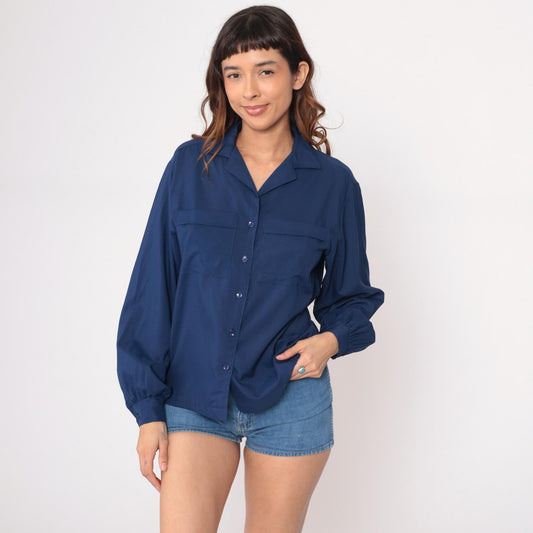 70s Judy Bond Navy Button-Up Shirt Notched Collar Long Sleeve Medium
