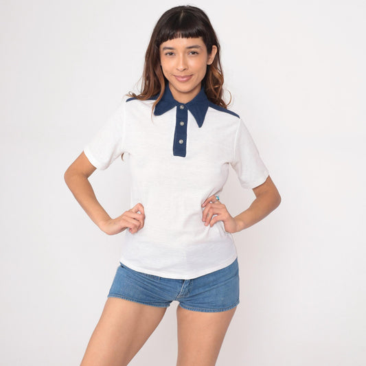 70s Macy's Pro Shop Polo Shirt White Navy Collar Stripes Medium M