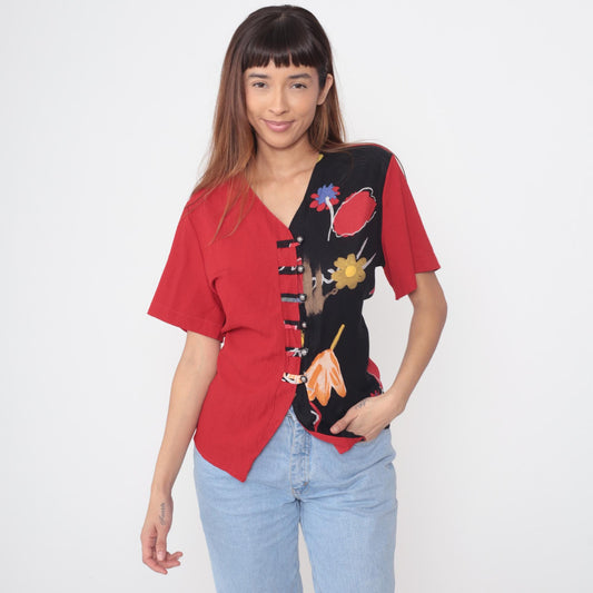 90s Cascais Floral Color Block Blouse Red Black Abstract Flowers V Neck Medium