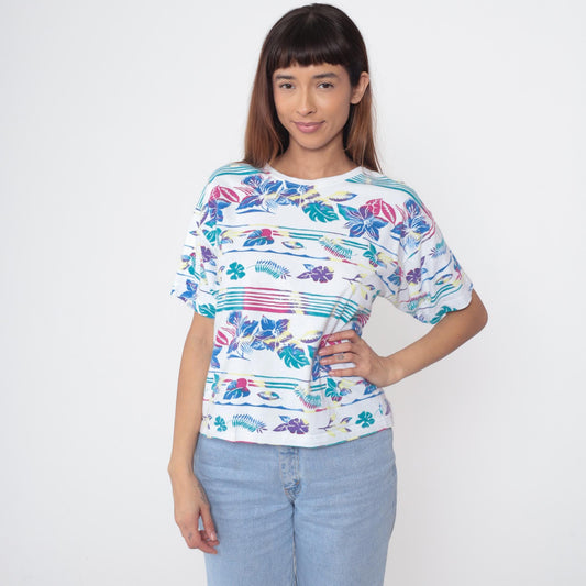 90s Victoria Jones Tropical Floral Striped Cotton Tee White Medium M