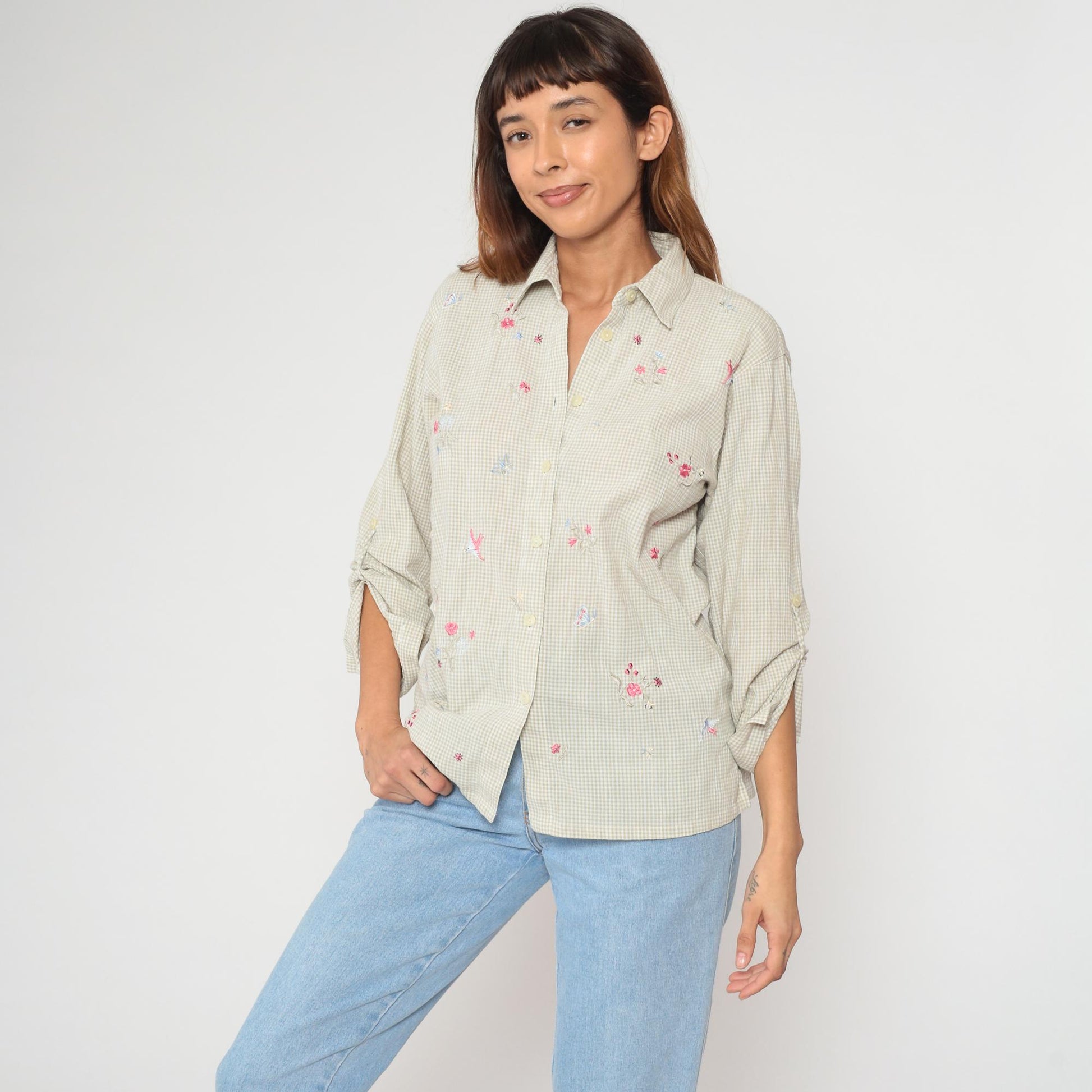 90s Koret Francisca Gingham Floral Embroidered Cotton Blouse Sage Green Small