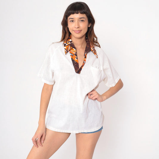 70s Kimolo Fashions Hawaiian Shirt Cream Cotton V-Neck Batik Collar Large